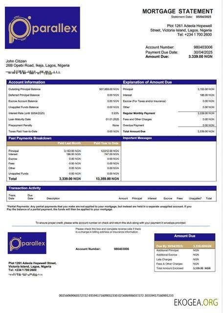 Modèle Word et PDF de relevé hypothécaire de la Nigeria Parallex Bank
